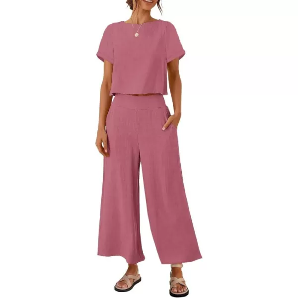 imageZESICA Womens 2 Piece Outfits Linen Short Sleeve Crop Top and Wide Leg Pants Lounge Matching Set Tracksuits Trendy ClothesPlum
