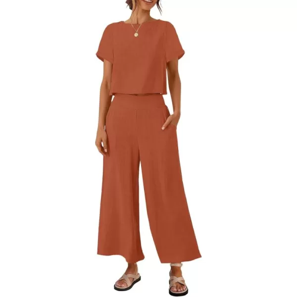 imageZESICA Womens 2 Piece Outfits Linen Short Sleeve Crop Top and Wide Leg Pants Lounge Matching Set Tracksuits Trendy ClothesRust