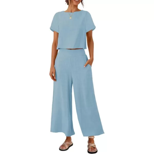 imageZESICA Womens 2 Piece Outfits Linen Short Sleeve Crop Top and Wide Leg Pants Lounge Matching Set Tracksuits Trendy ClothesSkyblue