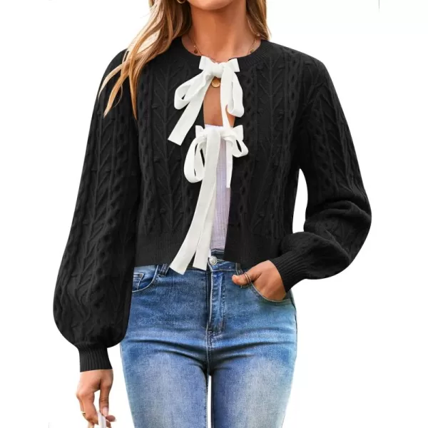 imageZESICA Womens Cardigan Sweaters 2024 Fall Winter Long Sleeve Tie Front Cable Knit Chunky Cropped Outerwear CoatBlack