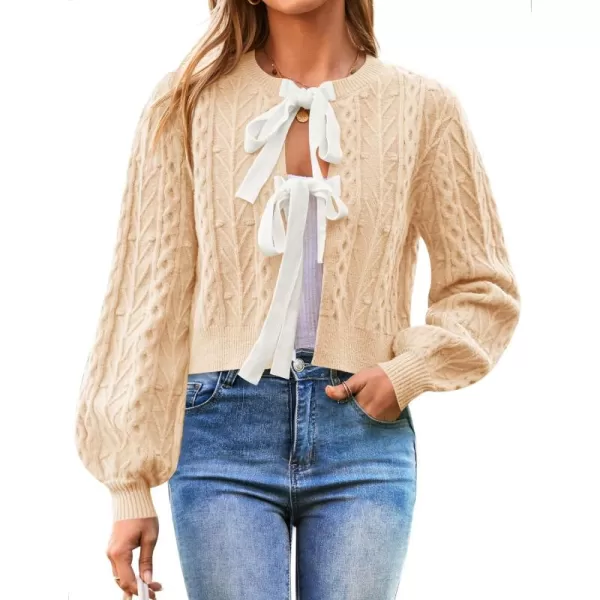 imageZESICA Womens Cardigan Sweaters 2024 Fall Winter Long Sleeve Tie Front Cable Knit Chunky Cropped Outerwear CoatCream