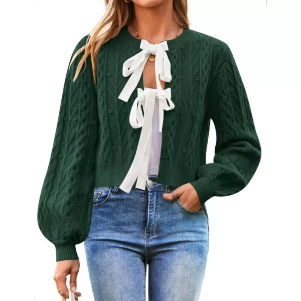 imageZESICA Womens Cardigan Sweaters 2024 Fall Winter Long Sleeve Tie Front Cable Knit Chunky Cropped Outerwear CoatDark Green