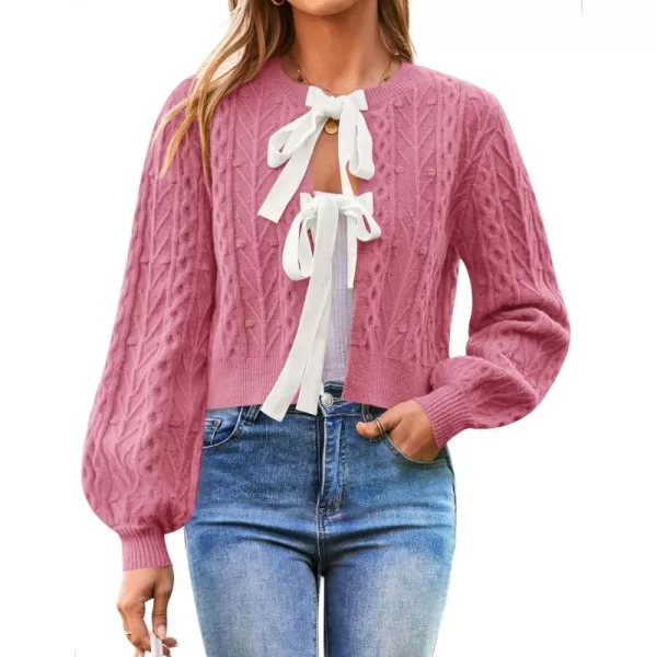 imageZESICA Womens Cardigan Sweaters 2024 Fall Winter Long Sleeve Tie Front Cable Knit Chunky Cropped Outerwear CoatHot Pink