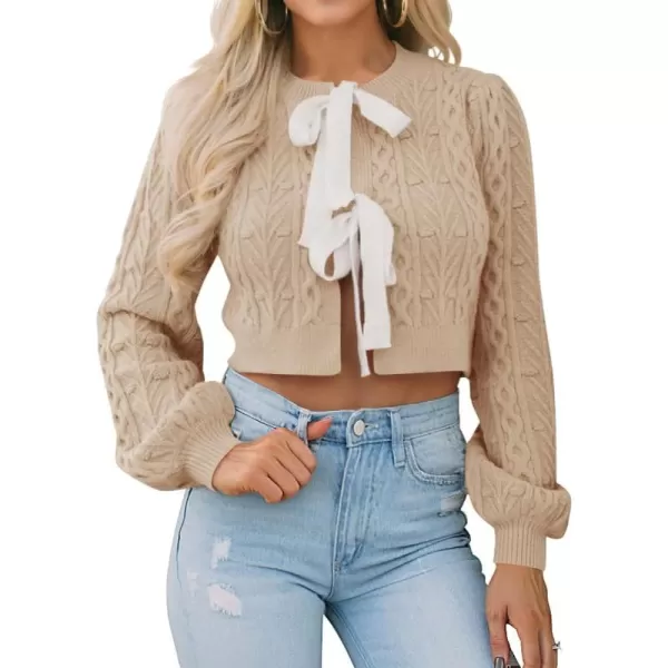 imageZESICA Womens Cardigan Sweaters 2024 Fall Winter Long Sleeve Tie Front Cable Knit Chunky Cropped Outerwear CoatKhaki