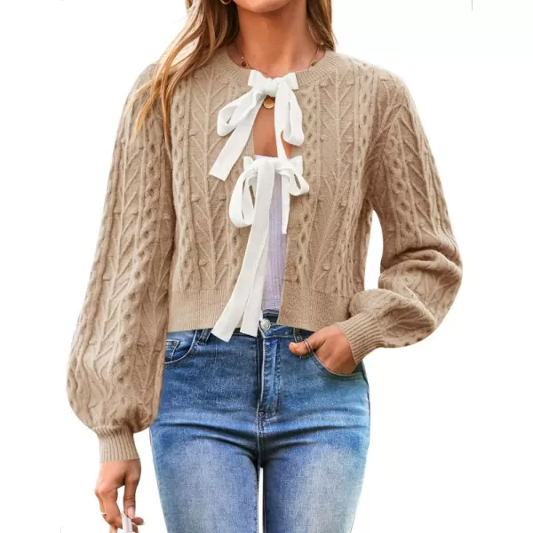 imageZESICA Womens Cardigan Sweaters 2024 Fall Winter Long Sleeve Tie Front Cable Knit Chunky Cropped Outerwear CoatToffee