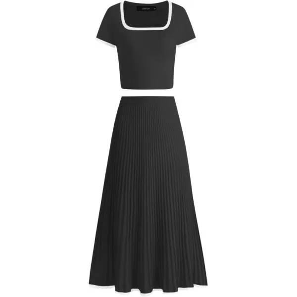 imageZESICA Womens Casual Two Piece Skirt Sets Ribbed Knit Short Sleeve Crop Top and Pleated Skirts Matching Set Summer OutfitsBlack