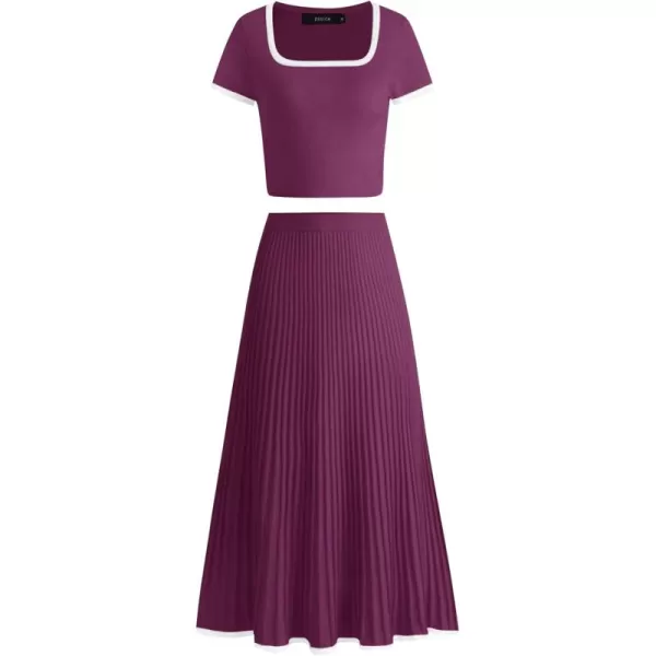 imageZESICA Womens Casual Two Piece Skirt Sets Ribbed Knit Short Sleeve Crop Top and Pleated Skirts Matching Set Summer OutfitsFuchsia