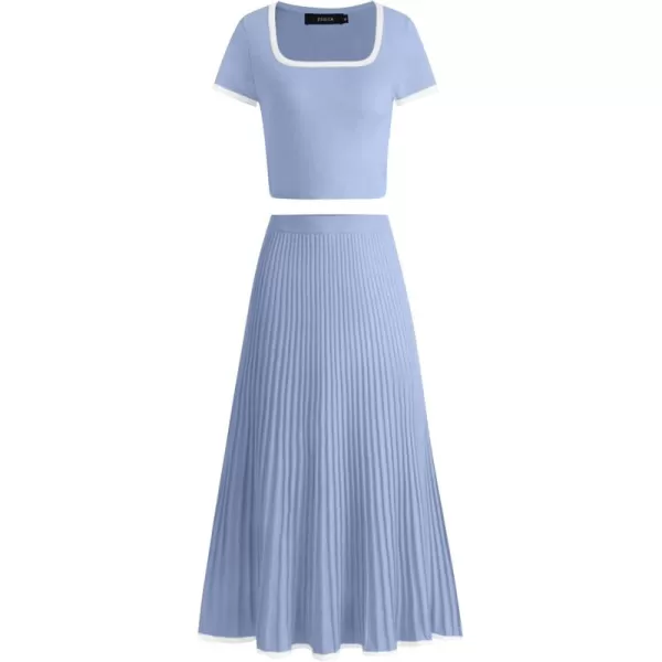 imageZESICA Womens Casual Two Piece Skirt Sets Ribbed Knit Short Sleeve Crop Top and Pleated Skirts Matching Set Summer OutfitsLightblue