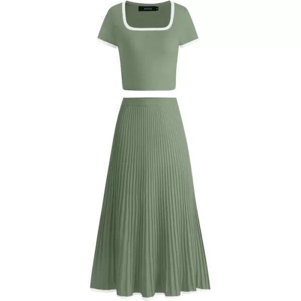 imageZESICA Womens Casual Two Piece Skirt Sets Ribbed Knit Short Sleeve Crop Top and Pleated Skirts Matching Set Summer OutfitsOlivegreen