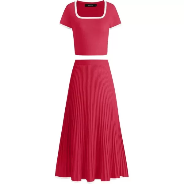 imageZESICA Womens Casual Two Piece Skirt Sets Ribbed Knit Short Sleeve Crop Top and Pleated Skirts Matching Set Summer OutfitsRed