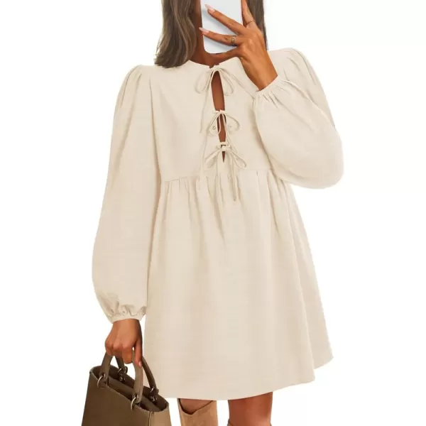 imageZESICA Womens Dress Fall Long Puff Sleeve Self Tie Front Babydoll A Line Pleated Cute Mini Tunic Dresses 2024Apricot