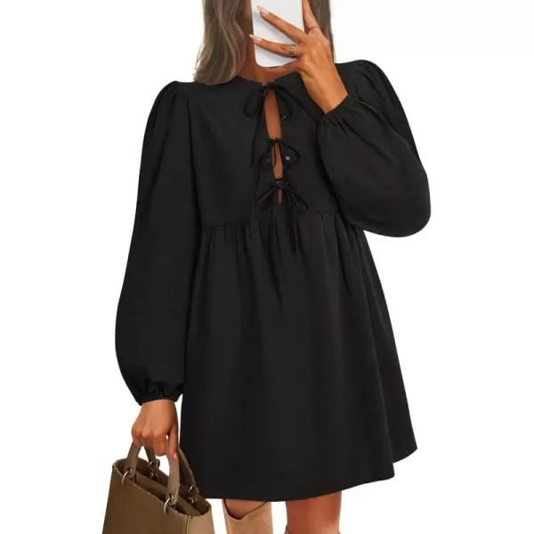imageZESICA Womens Dress Fall Long Puff Sleeve Self Tie Front Babydoll A Line Pleated Cute Mini Tunic Dresses 2024Black