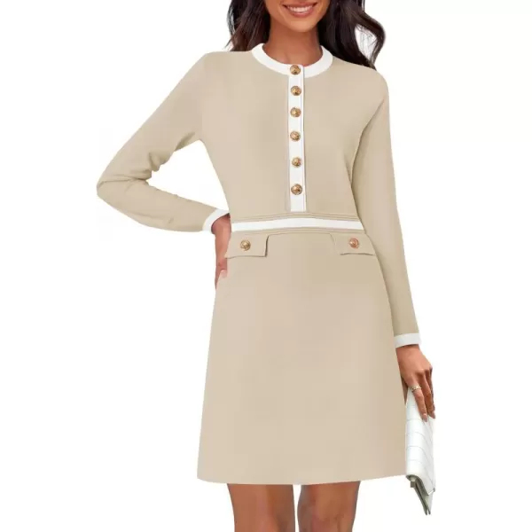 imageZESICA Womens Fall Long Sleeve Bodycon Sweater Dress Crewneck Button Knit Color Block Party Mini DressesApricot
