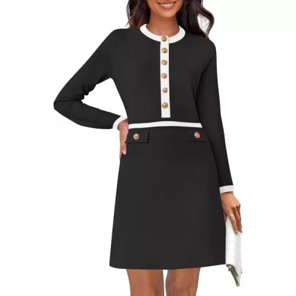 imageZESICA Womens Fall Long Sleeve Bodycon Sweater Dress Crewneck Button Knit Color Block Party Mini DressesBlack