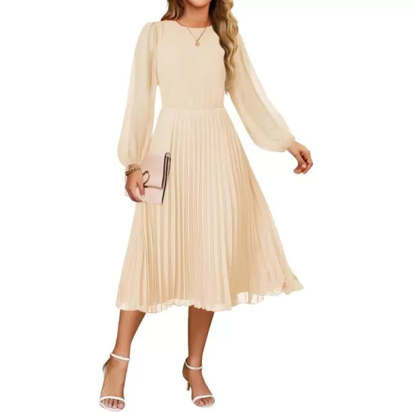 imageZESICA Womens Fall Long Sleeve Dresses 2024 Casual Crewneck Chiffon Swing Pleated A Line Cocktail Party Midi DressApricot