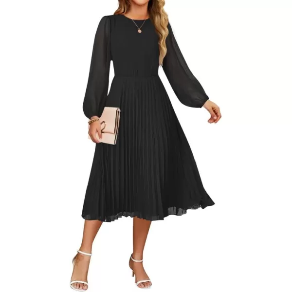 imageZESICA Womens Fall Long Sleeve Dresses 2024 Casual Crewneck Chiffon Swing Pleated A Line Cocktail Party Midi DressBlack