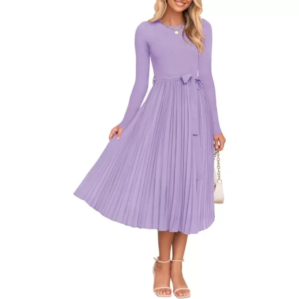 imageZESICA Womens Fall Long Sleeve Midi Dress Casual Crewneck Knit Belted Pleated A Line Flowy Sweater DressesPurple