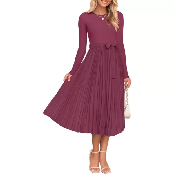 imageZESICA Womens Fall Long Sleeve Midi Dress Casual Crewneck Knit Belted Pleated A Line Flowy Sweater DressesPurple Red