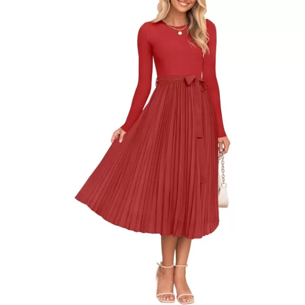 imageZESICA Womens Fall Long Sleeve Midi Dress Casual Crewneck Knit Belted Pleated A Line Flowy Sweater DressesRed