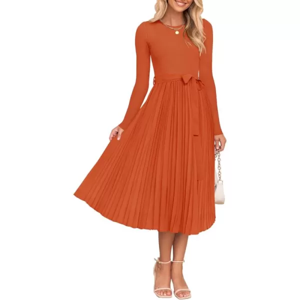 imageZESICA Womens Fall Long Sleeve Midi Dress Casual Crewneck Knit Belted Pleated A Line Flowy Sweater DressesRust