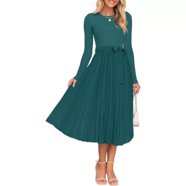 imageZESICA Womens Fall Long Sleeve Midi Dress Casual Crewneck Knit Belted Pleated A Line Flowy Sweater DressesTeal