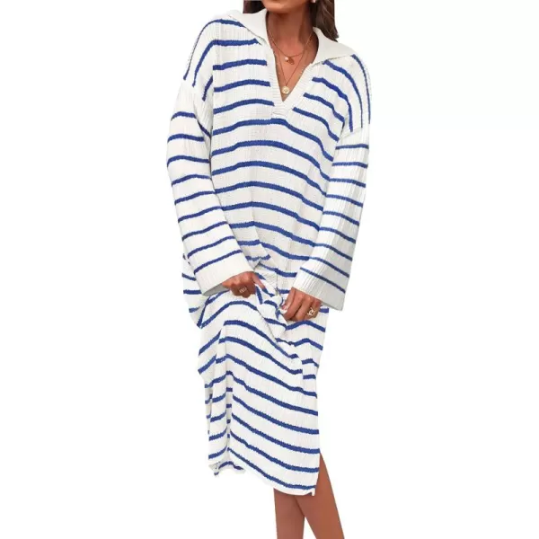 imageZESICA Womens Fall Striped Sweater Dresses 2024 Casual Long Sleeve Lapel V Neck Knit Side Slit Midi DressBlue