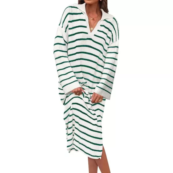imageZESICA Womens Fall Striped Sweater Dresses 2024 Casual Long Sleeve Lapel V Neck Knit Side Slit Midi DressGreen