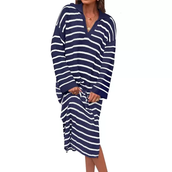 imageZESICA Womens Fall Striped Sweater Dresses 2024 Casual Long Sleeve Lapel V Neck Knit Side Slit Midi DressNavy