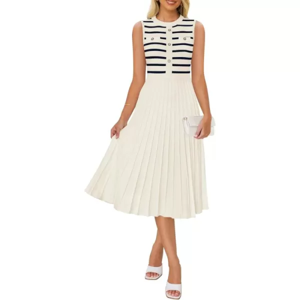 imageZESICA Womens Sleeveless Striped Midi Dress Summer Crewneck Button Knit Swing Pleated A Line Casual DressesBeige