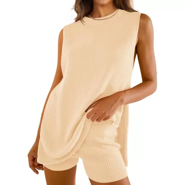 imageZESICA Womens Summer Two Piece Sweater Lounge Sets 2024 Casual Knit Trendy Tunic and Shorts OutfitsBeige