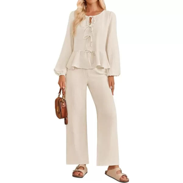 imageZESICA Womens Two Piece Outfits Set 2024 Long Sleeve Tie Front Top and Wide Leg Pants Casual Loungewear Pajama SetsApricot