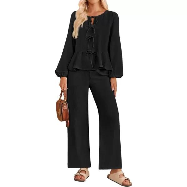 imageZESICA Womens Two Piece Outfits Set 2024 Long Sleeve Tie Front Top and Wide Leg Pants Casual Loungewear Pajama SetsBlack
