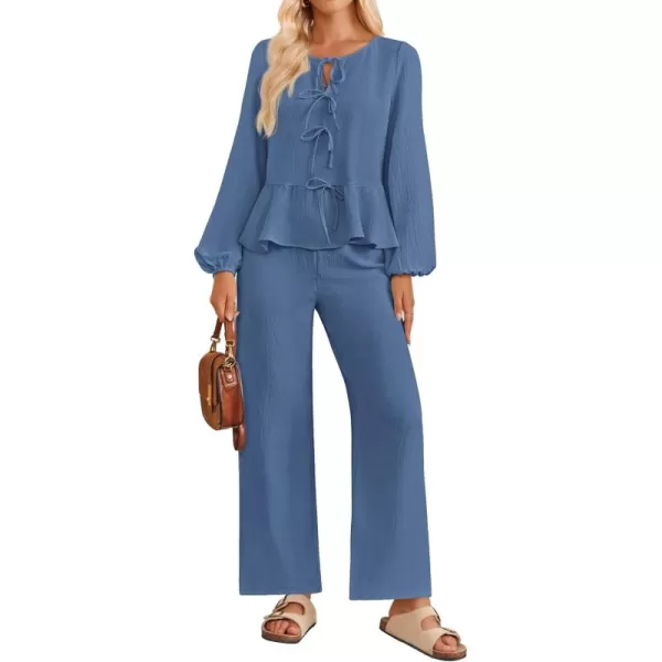 imageZESICA Womens Two Piece Outfits Set 2024 Long Sleeve Tie Front Top and Wide Leg Pants Casual Loungewear Pajama SetsDusty Blue