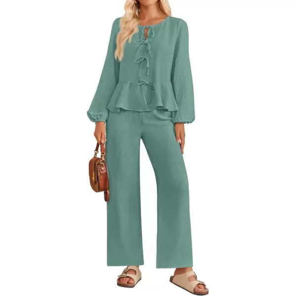 imageZESICA Womens Two Piece Outfits Set 2024 Long Sleeve Tie Front Top and Wide Leg Pants Casual Loungewear Pajama SetsGreen