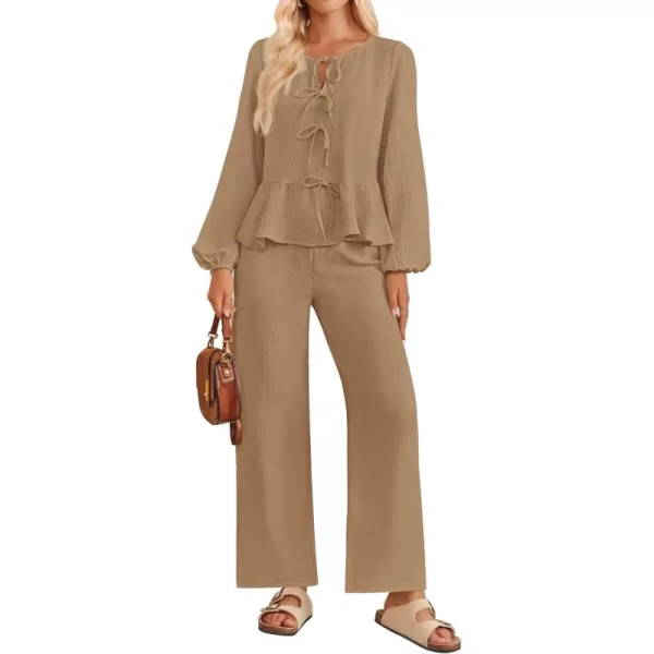 imageZESICA Womens Two Piece Outfits Set 2024 Long Sleeve Tie Front Top and Wide Leg Pants Casual Loungewear Pajama SetsKhaki