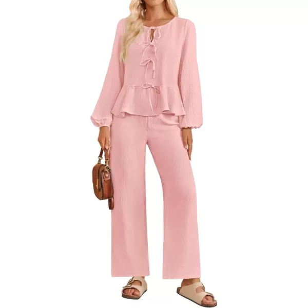 imageZESICA Womens Two Piece Outfits Set 2024 Long Sleeve Tie Front Top and Wide Leg Pants Casual Loungewear Pajama SetsPink