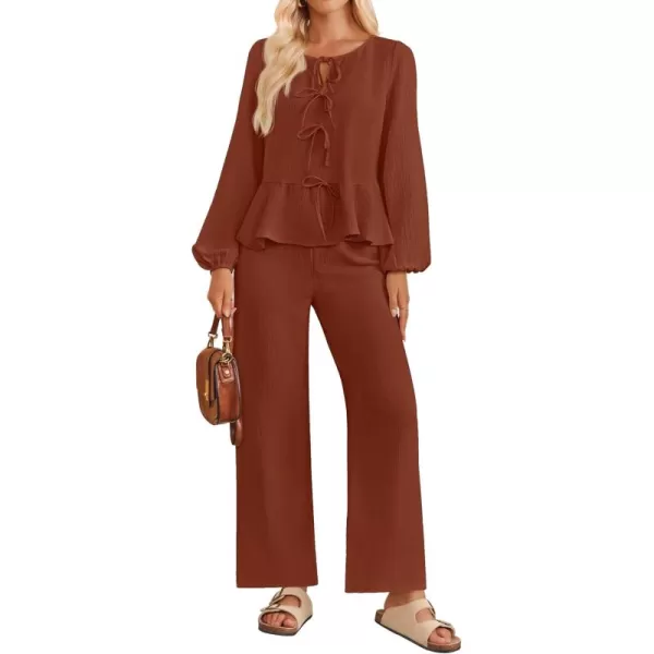 imageZESICA Womens Two Piece Outfits Set 2024 Long Sleeve Tie Front Top and Wide Leg Pants Casual Loungewear Pajama SetsRust