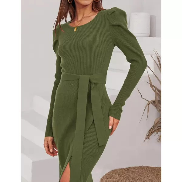 imageZESICA Womens 2023 Long Sleeve Sweater Dress Ribbed Knit Crew Neck Tie Waist Bodycon Slit Midi DressesArmyGreenSmall