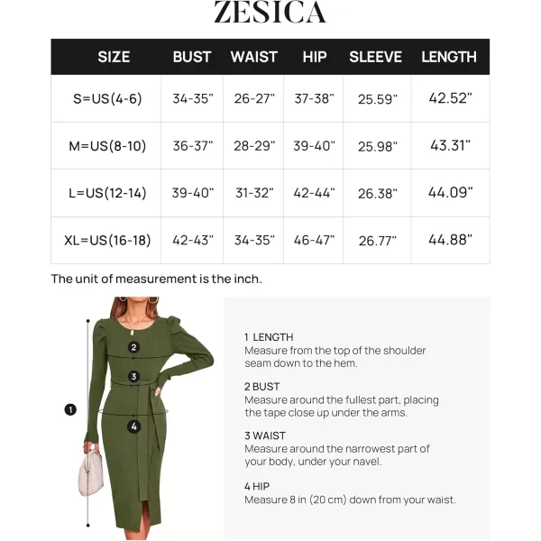 imageZESICA Womens 2023 Long Sleeve Sweater Dress Ribbed Knit Crew Neck Tie Waist Bodycon Slit Midi DressesArmyGreenSmall