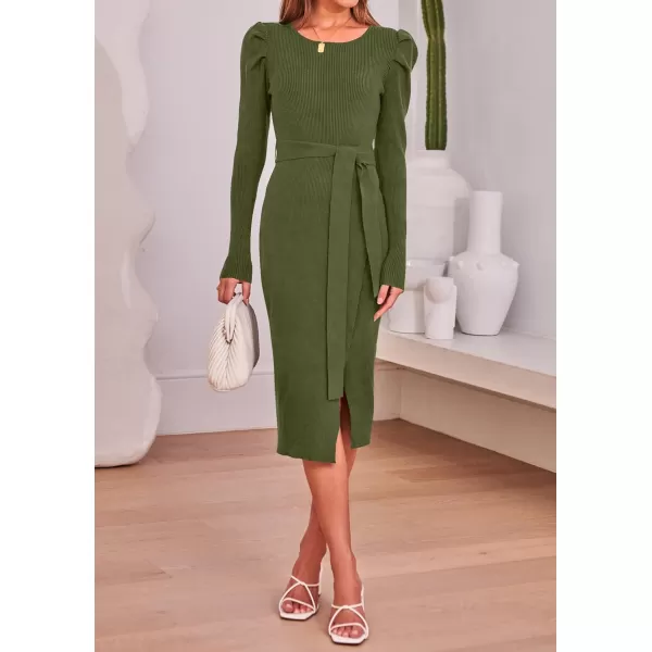 imageZESICA Womens 2023 Long Sleeve Sweater Dress Ribbed Knit Crew Neck Tie Waist Bodycon Slit Midi DressesArmyGreenSmall