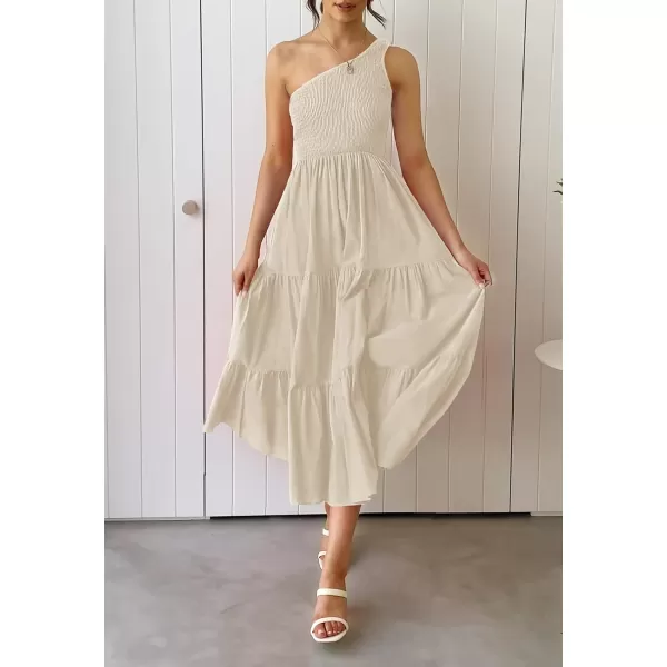 imageZESICA Womens 2024 Bohemian Summer Floral Print One Shoulder Sleeveless Smocked Ruffle Tiered Beach Long Midi DressBeige
