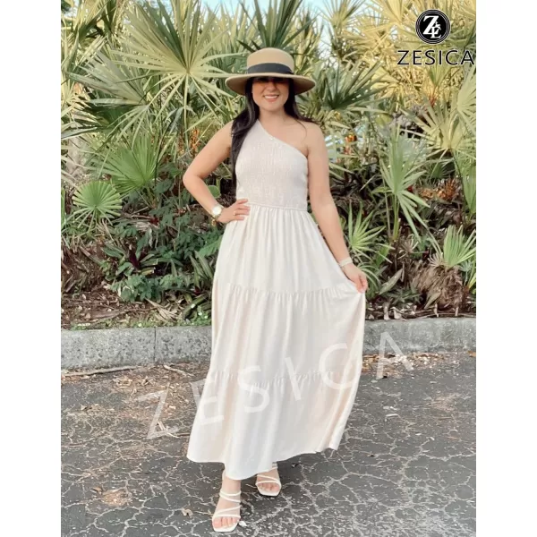 imageZESICA Womens 2024 Bohemian Summer Floral Print One Shoulder Sleeveless Smocked Ruffle Tiered Beach Long Midi DressBeige