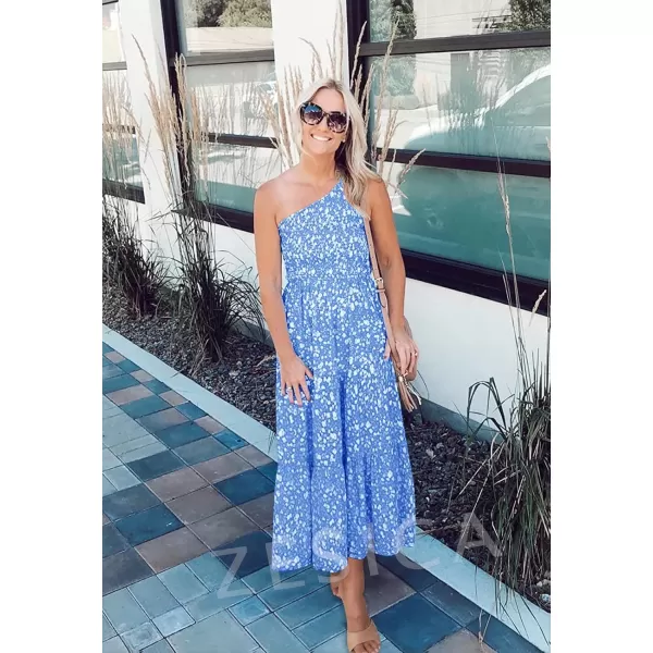 imageZESICA Womens 2024 Bohemian Summer Floral Print One Shoulder Sleeveless Smocked Ruffle Tiered Beach Long Midi DressBlue