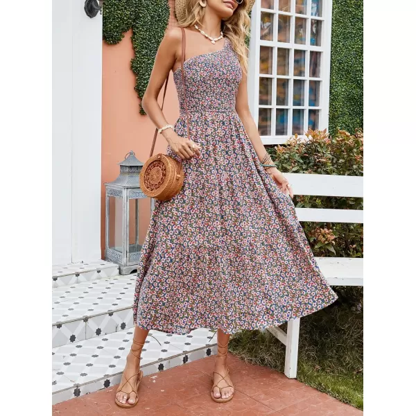 imageZESICA Womens 2024 Bohemian Summer Floral Print One Shoulder Sleeveless Smocked Ruffle Tiered Beach Long Midi DressBluepink
