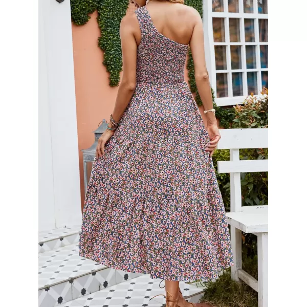 imageZESICA Womens 2024 Bohemian Summer Floral Print One Shoulder Sleeveless Smocked Ruffle Tiered Beach Long Midi DressBluepink