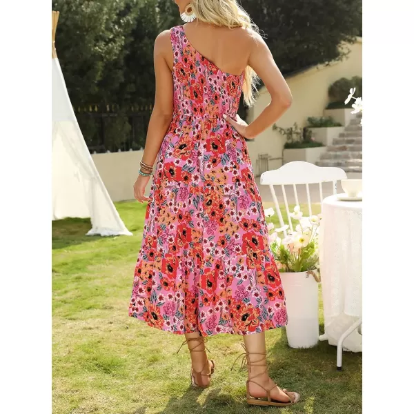 imageZESICA Womens 2024 Bohemian Summer Floral Print One Shoulder Sleeveless Smocked Ruffle Tiered Beach Long Midi DressBrightpink