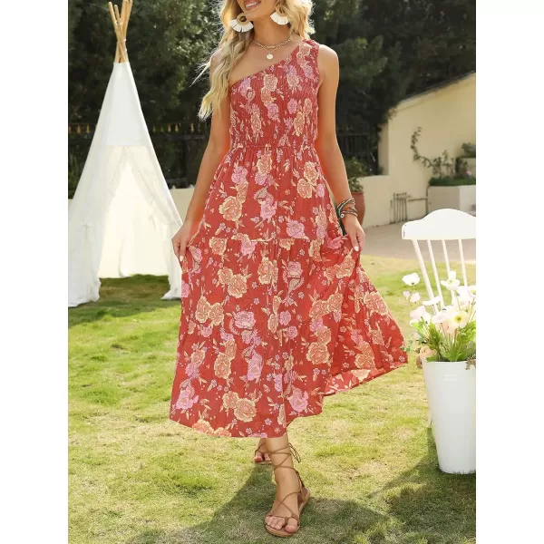imageZESICA Womens 2024 Bohemian Summer Floral Print One Shoulder Sleeveless Smocked Ruffle Tiered Beach Long Midi DressBurntbrick