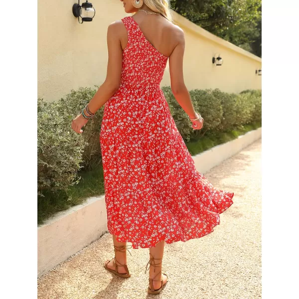 imageZESICA Womens 2024 Bohemian Summer Floral Print One Shoulder Sleeveless Smocked Ruffle Tiered Beach Long Midi DressCherry