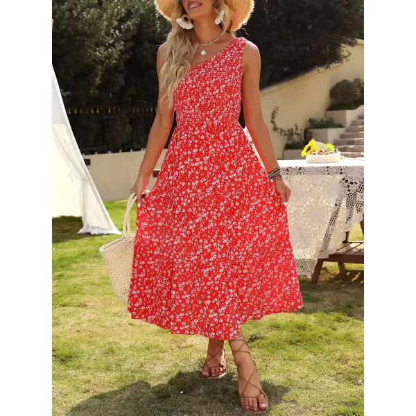 imageZESICA Womens 2024 Bohemian Summer Floral Print One Shoulder Sleeveless Smocked Ruffle Tiered Beach Long Midi DressCherry