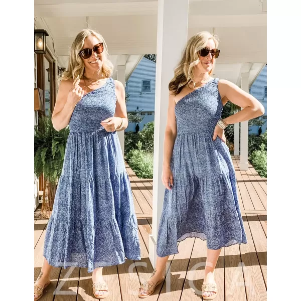imageZESICA Womens 2024 Bohemian Summer Floral Print One Shoulder Sleeveless Smocked Ruffle Tiered Beach Long Midi DressDustyblue